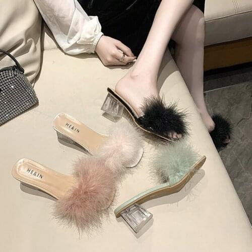 Woman Shoes Transparent Crystal High Heels Woman Feather Fur Slippers Pumps Women Peep Toe Lady Cute Plush Slippers 2021