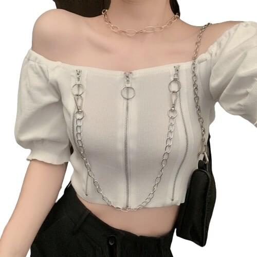 Slash neck cropped T-shirt new female short puff sleeve summer ring zippers thin knit tshirts crop tops tees for women