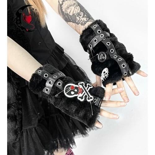 Punk Skull Patch Black Plush Gothic Harajuku Women Winter Warm Faux Fur Cute Half Finger Gloves Streetwear Gloves