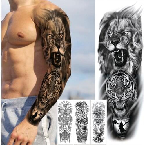 Full Arm Temporary Tattoos Sleeve Stickers, Japanese Geisha Totem Tiger Lion Temporary Tattoo for Men Women Adults Fake Tattoos