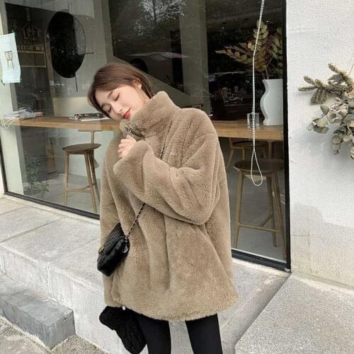 Wenfly Women Turtleneck Furry Sweatshirt Winter Casual Plush Faux Fur Cotton Thick Korean Zipper Keep Warm Loose Outerwear