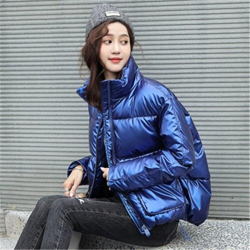 Womens Short Shiny Down Padded Jacket Winter New Thick Korean Long-sleeved Stand-up Collar Plus Size Womens Blue Padded Coat