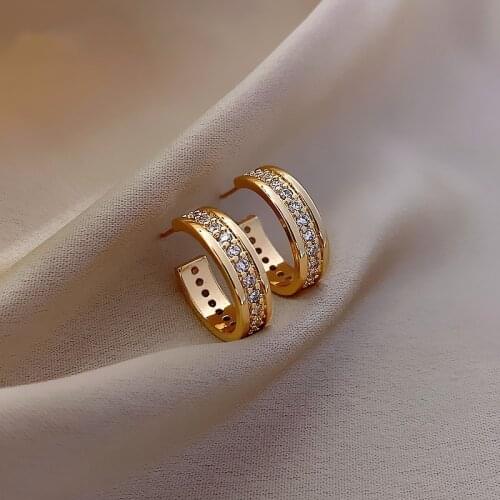 Exquisite copper inlaid zircon half-round hoop earrings 14K real gold plating elegant womens wedding party earrings
