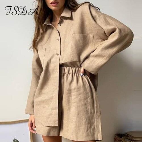 FSDA 2021 Summer Y2K Casual Women Long Sleeve Top Shirts And Shorts Set Mini Loose Two Piece Sets Khaki Loung Wear Oversized
