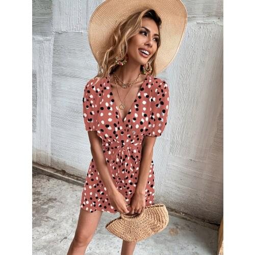 Women Summer Dot Print A-Line Dresses Robe Femme Drawstring V-Neck Short Sleeve Dress For Womens Clothing 2021 Vestido De Mujer