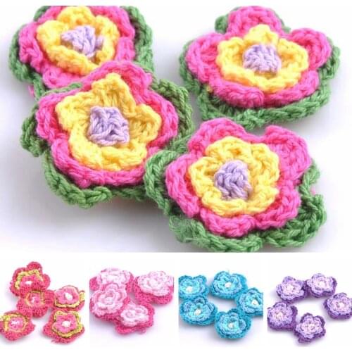 20pcs/lot Sewing Accessories Pink Flower Shape Handmade Sew-on Appliqued Crochet Knitted Applique Scrapbooking 3.5cm CP0553