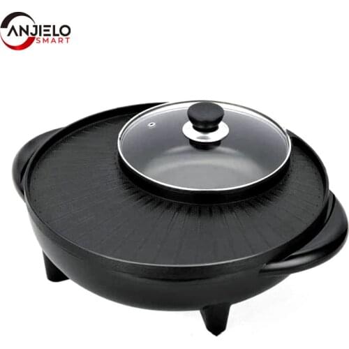 Anjielosmart 2 in 1 Multifunctional Electric Baking Integrated Hot Pot BBQ Pan Grill Non Stick Plate Smokeless