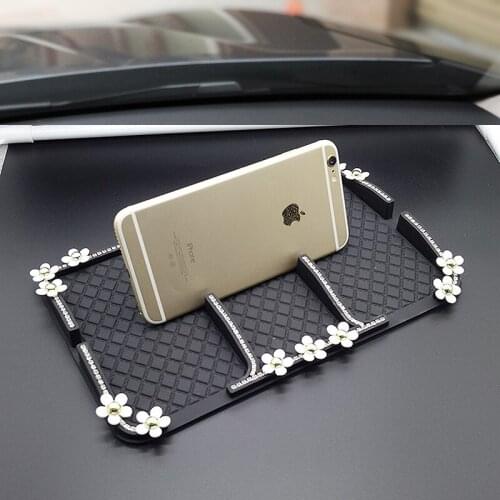 Diamond Anti Slip Mat with Crystal Camellia Flower Non-Slip Pad Multi-function Car Phone Holder Dash Board Keys Pad Sticky