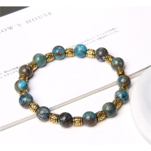 8MM Natural Blue agates stone beaded bracelet Tibetan buddhist gold matal beads charm Elastic Yoga Prayer healing bracelet gifts
