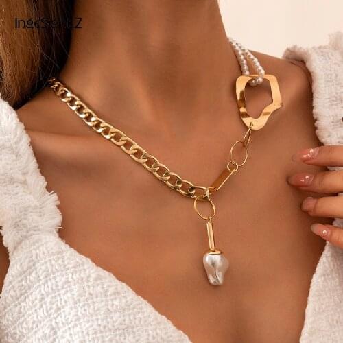 IngeSight.Z Steampunk Irregular Iron Sheet Link Chain Choker Necklace Baroque Imitation Pearl Pendant Necklace for Women Jewelry