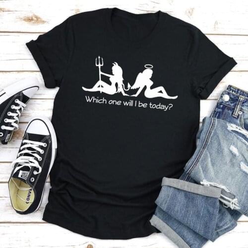 Which One Will I Be Today T-shirt Trendy Devil And Angel Graphic Tee Shirt Top Funny Women Hipster Dual Personality Tshirt