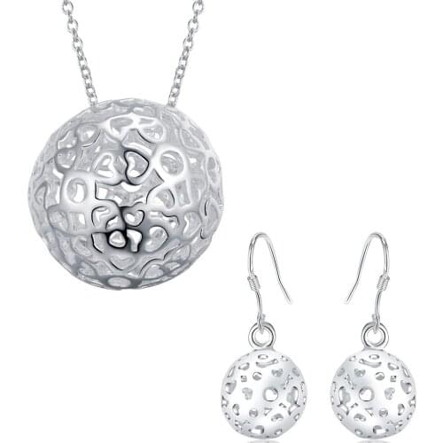 Hot charm 925 sterling Silver Hollow Ball Pendant necklace earrings Jewelry set for women Fashion Party wedding Christmas Gifts