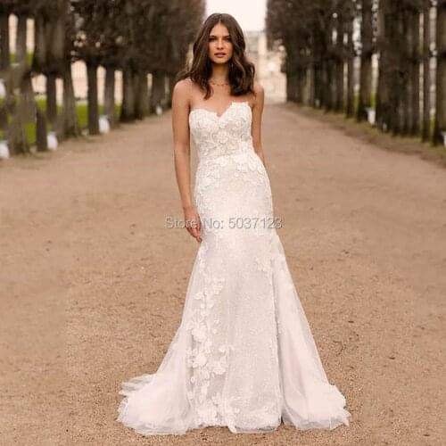 Exquisite Mermaid Vestido De Noiva Lace appliques Wedding Dresses Tulle Strapless Bride Gown Backless Court Train 2021