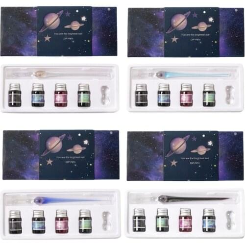 K92C Glass Dipped Pen Ink Set, Crystal Glass Pen with 4 Colorful Inks, Ink Drip Tool