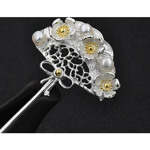 Pearl Beads Hairpin Japanese 925 Sterling Silver Hair Pins Chinese Fan Handmade Ethnic Vintage Hair Stick Cherry Blossoms Sakura