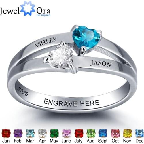 Personalized 925 Sterling Silver Double Heart Birthstone Ring DIY Name Ring Customize Jewelry Unique Gift (JewelOra RI101976)