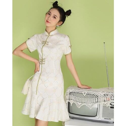 Summer French Cheongsam Female Young Girl Retro Fishtail Slim Daily Life Dress Improved Dress