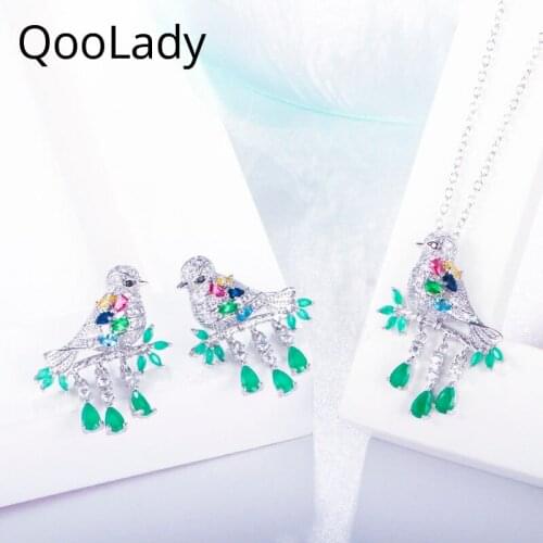 QooLady Trendy Green Water Drop Cubic Zircon White Gold Animal Bird Charm Necklaces and Earrings Jewelry Set for Women Z006
