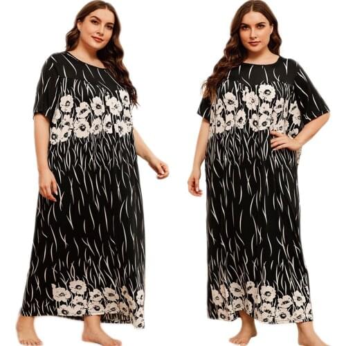 Plus Size Loose Printed Long Dress Abayas Kaftan Muslim Women Maxi Robe Arab Middle East Dubai Summer Short Sleeve Dress Fashion