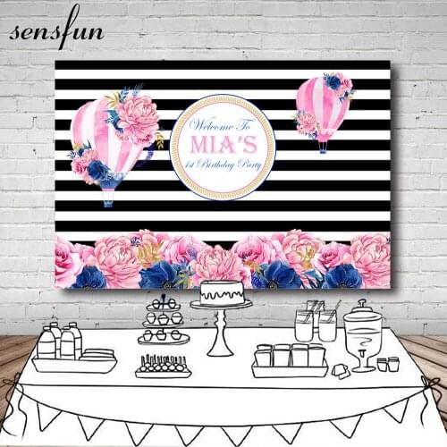 Sensfun Photography Backgrounds Pink Hot Air Balloon Flowers White And White Striped Girls 1st Birthday Party Backdrop Vinyl