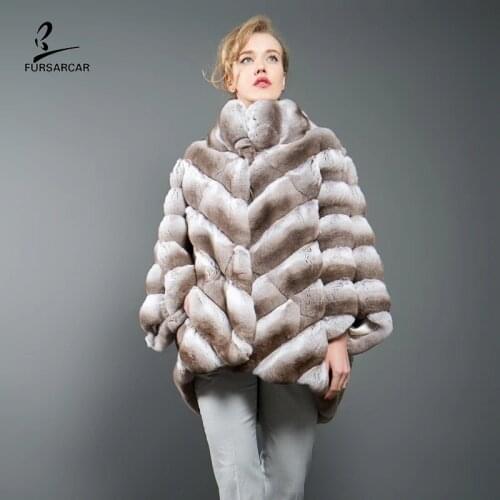 FURSARCAR 2020 NEW Winter Women Flared Sleeves Natural Real Rex Rabbit Fur Coat Fashion Loose Luxury Chinchilla Jacket