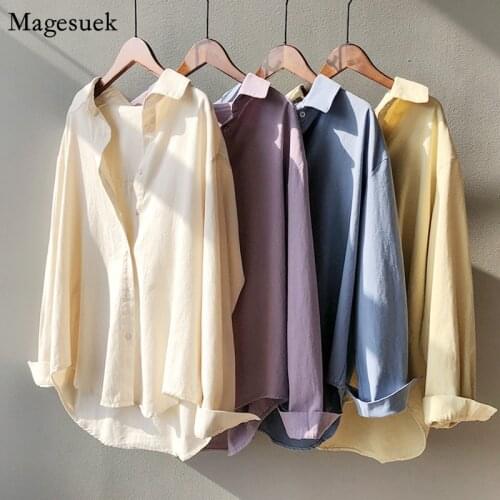 Turn-down Collar Solid Blouse Women 2021 Spring Loose Office Oversized Shirt Tops Long Sleeve Blouses Women Casual Blusas 13134