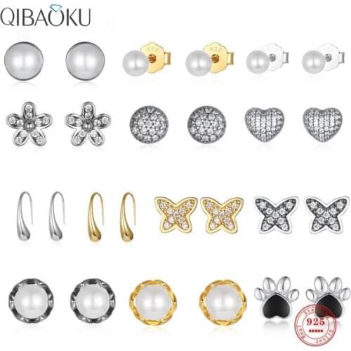 925 Sterling Silver Stud Earrings White Pearl Round Zircon Butterfly Gold Earrings for Women Heart Shape Ear Jewelry Gift