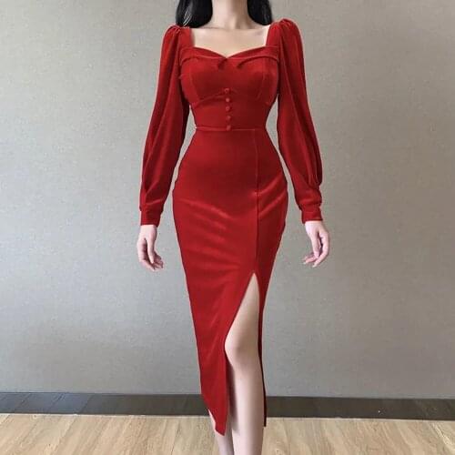 Retro Square Neck Velvet Midi Dress Women Autumn Sexy Slim Bodycon Puff Sleeve Hem Split Elegant Party Dress Casual Streetwear