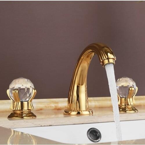 Gold PVD 8 inch 3 Holes widespread bathroom Lavatory Sink faucet Crystal handles mixer tap deck mounted high quality brass