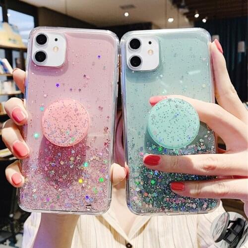 3D Cute Bling Glitter soft clean Case For iPhone 12 Pro Max MiNi 11 Pro Max XR X XS 6s 7 8 Plus Stand Holder Socket back cover