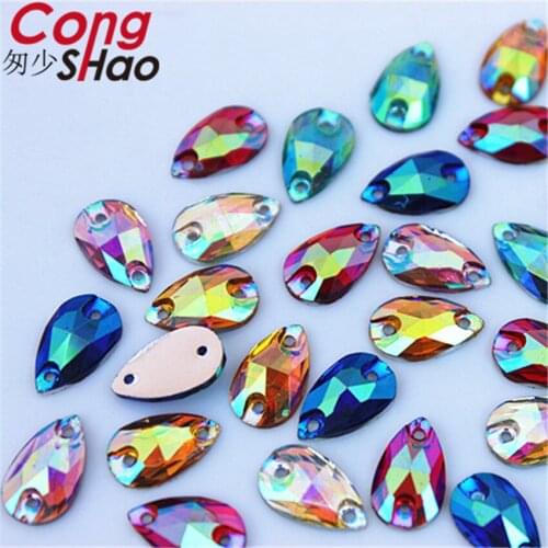 Cong Shao 200pcs 7*12mm Drop AB Colorful Flatback Resin Rhinestone Sewing 2 Hole Costume Button Stones And Crystals CS419