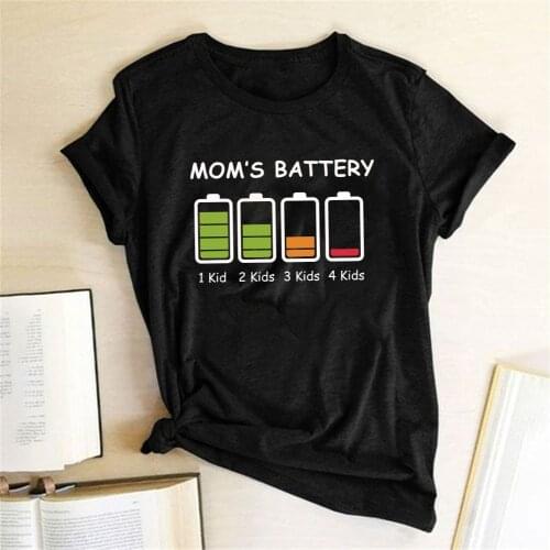 Moms Battery Print Funny Women T Shirt Plus Size Summer Loose Tee Shirt Femme Short Sleeve Round Neck Kawaii Top Woman Clothes