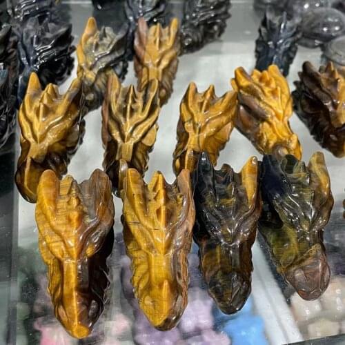 Natural tiger eye stone crystal carved dragon head bone, exquisite craft home decoration
