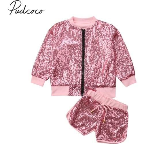 2018 Brand New Toddler Baby Girl Sequined Clothes Sets 2PCS Longsleeve Zipper Pink Jacket Coat Tops+Shorts Autumn Outfit 1-6Y