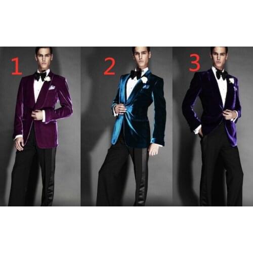 Handsome Groomsmen Velvet Groom Tuxedos Mens Wedding Dress Man Jacket Blazer Prom Dinner (Jacket+Pants+Tie) A08