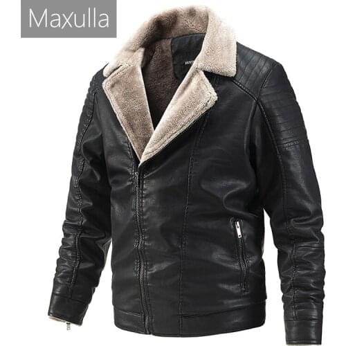 Maxulla Winter Mens PU Jackets Causal Fleece Warm Biker Leather Coats Male Fur Collar Faux Leather Motorcycle Jackets Clothing