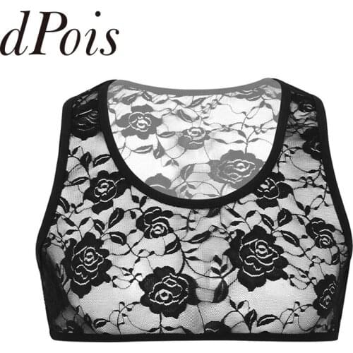 Male Mens See Through Sheer Deep U Neck Sleeveless Stretchy Floral Lace Short Vest Crop Tops Nightwear Sleepwear