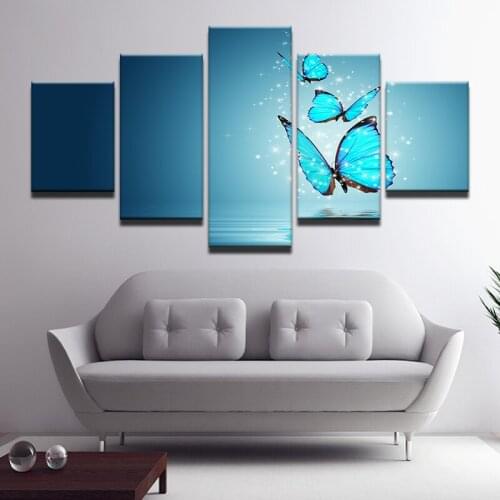 Canvas Poster Framework Home Decor HD Printed Wall Art 5 Pieces Glowing Blue Butterfly Modular Pictures For Living Room Painting