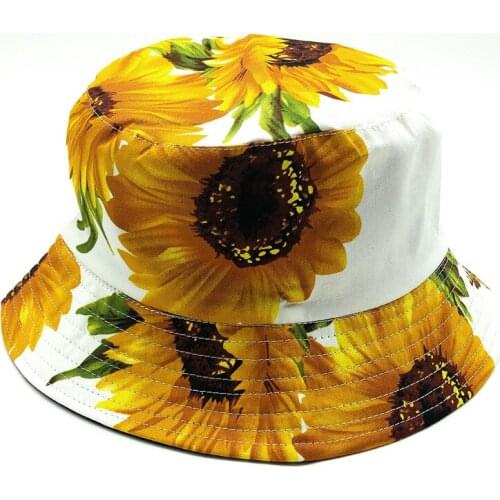 Women White Cotton Floral Printed Bucket Hat Girls Summer Spring Sunflower Print Sun Prevent Bucket Hats Fisherman Hat