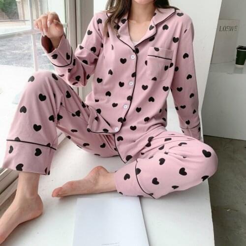 Fdfklak Spring Autumn New Women Pajamas Set Comfort Cotton Loose Print Homewear For Femme 2Pcs Turn-down Neck Pyjama
