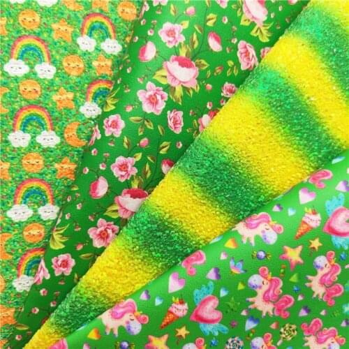 Rainbow Suns Stripes Printed Chunky Glitter Leather Fabric Unicorn Printed Synthetic Leather Vinyl Leather BOWS DIY 21X29CM G389