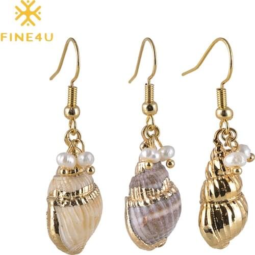 FINE4U E296 Natural Wind Conch Earrings Bohemia Gold Color Water Drop Earrings Summer Sea Shells Beach Jewelry