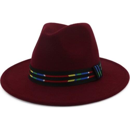 European US New Mens Women Fedora Wide Brim Panama Style Felt Hat Striped Ribbon Decorated Unisex Jazz Formal Top Hats