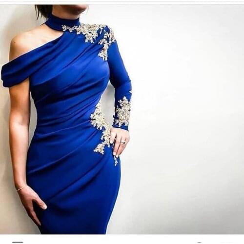 Modest One Shlouder Muslim Evening Dress with a Sleeve Royal Blue Long Formal Dress Party Dubai Arabic Prom Evening Gown Abiye