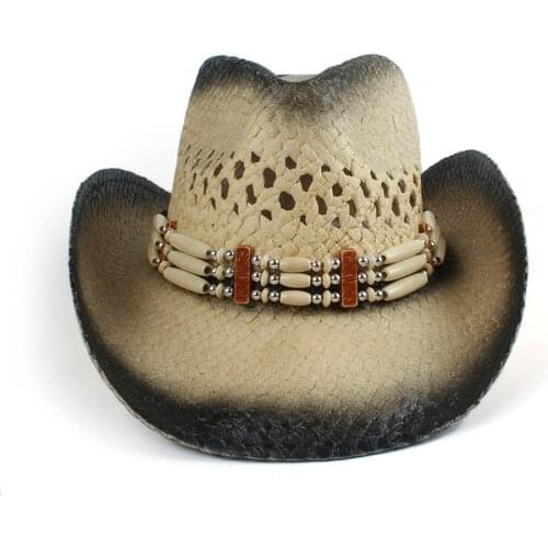 Women Men Straw Hollow Western Cowboy Hat Lady Roll Up Brim Sombrero Hombre Beach Cowgirl Jazz Sun Hat Size 56-58CM