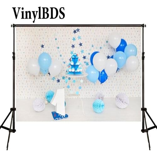 VinylBDS 8X8ft Blue Ballon Newborn Backdrop Anniversaire Cake Photography Backdrops Wood Letters for Wall Backdrops