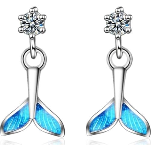 Japan and South Korea net red design temperament crystal blue fishtail short paragraph silver plated stud earrings WE058