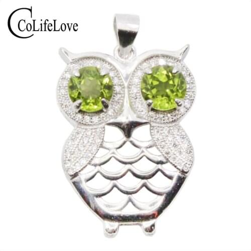 CoLife Jewelry Cute Silver Owl Pendant with Gemstone 2pcs 6mm Natural Peridot Pendant Fashion 925 Silver Peridot Jewelry