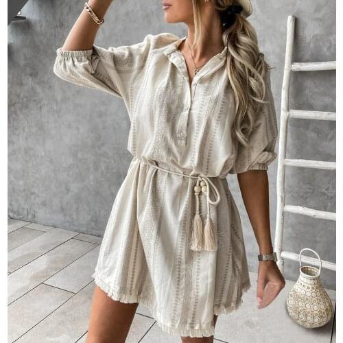 Women Summer Bohemian Dress Retro Button Down Striped V-neck Dresses Boho Half Sleeve Tassel Drawstring Female Sundress 2021