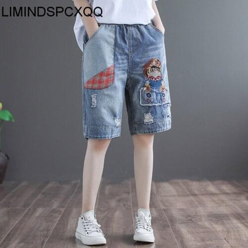 LIMINDSPCXQQ Womens Embroidered Jeans Retail, Street Style, Retro, Informal, Loose, Straight, Summer, 2021Elastic Waist Shorts
